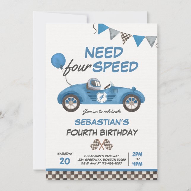 Need Four Speed Blue Race Car 4th Birthday Party Invitation (Front)