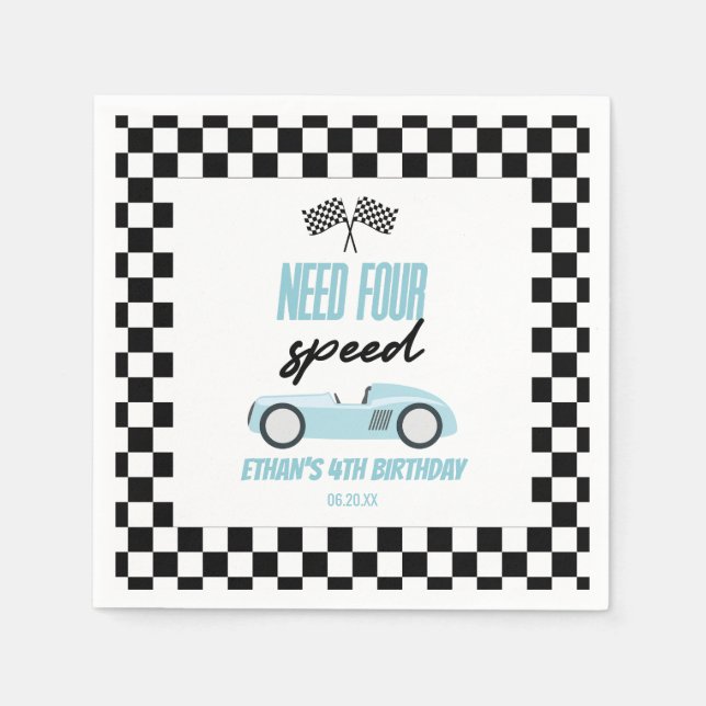 Need Four Speed Blue Race Car 4th Birthday Party Napkin (Front)