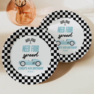 Need Four Speed Blue Race Car 4th Birthday Party Paper Plate