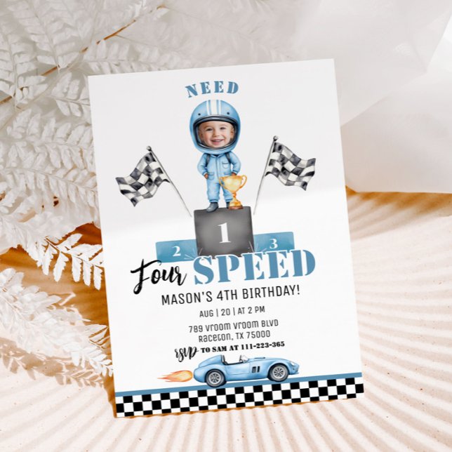Need Four Speed Blue Race car 4th Birthday photo Invitation (Creator Uploaded)