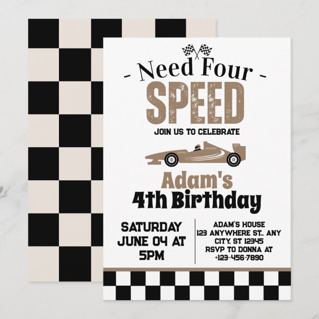 Need Four Speed Boy 4th Birthday Party  Invitation (Front/Back)