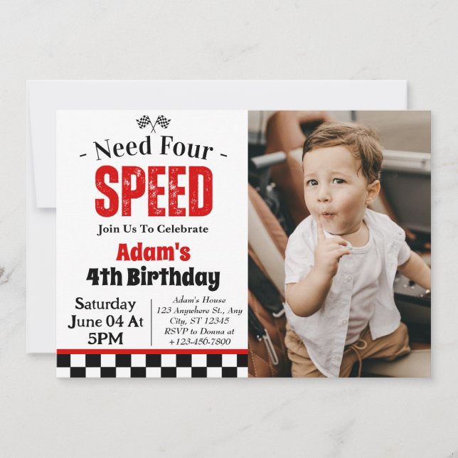 Need Four Speed Boy 4th Birthday Party  Invitation (Front)