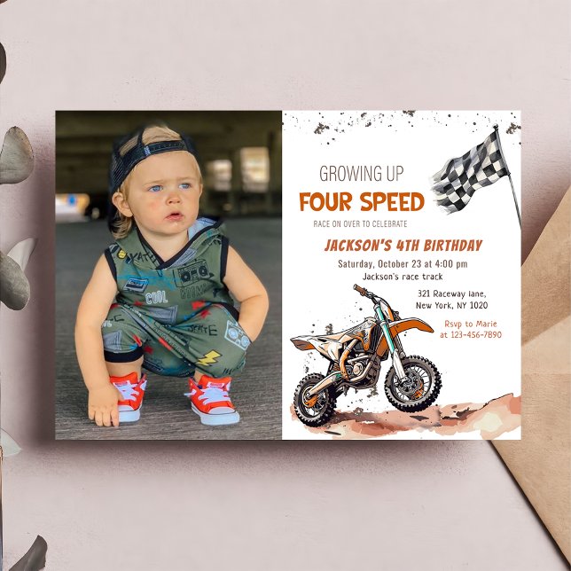 Need Four Speed Dirt Bike Boy 4th Birthday Photo Invitation (Creator Uploaded)