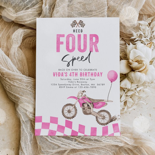 Need Four Speed Dirt Bike Girl 4th Birthday Party Invitation (Creator Uploaded)