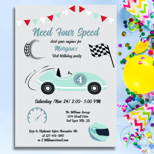 Need Four Speed Festive Blue Race Car Birthday Invitation
