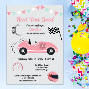 Need Four Speed Festive Pink Race Car Birthday Invitation
