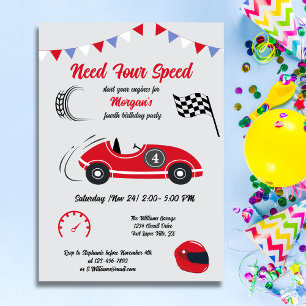 Need Four Speed Festive Red Race Car Birthday Invitation