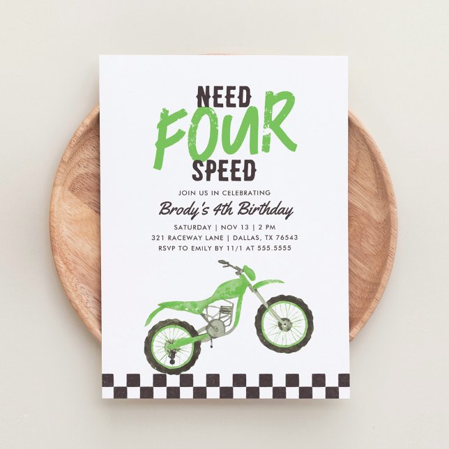 Need Four Speed Green Dirt Bike Boy 4th Birthday Invitation (Creator Uploaded)