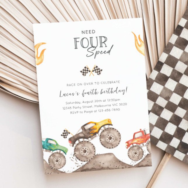 Need Four Speed Monster Truck 4th Birthday Bash Invitation (Creator Uploaded)