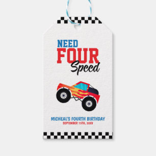 Need Four Speed Monster Truck 4th Birthday Gift Tags