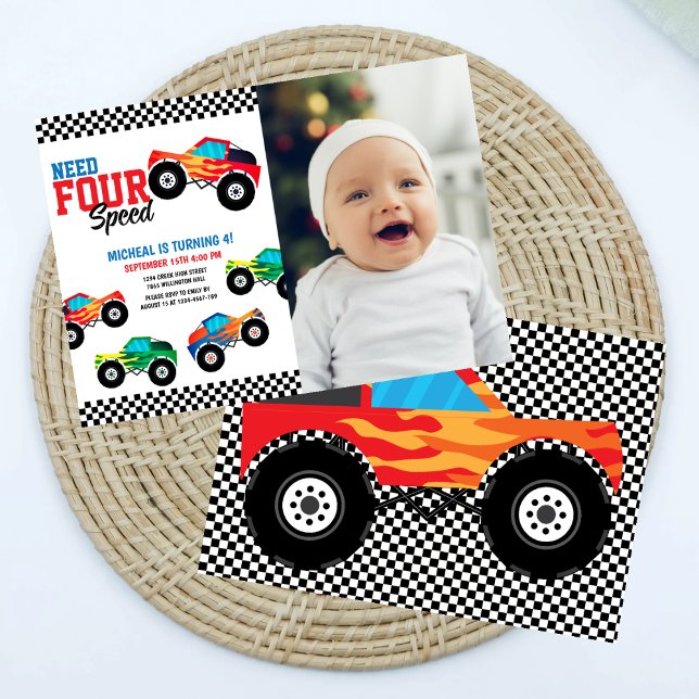Need Four Speed Monster Truck 4th Birthday Photo Invitation (Creator Uploaded)