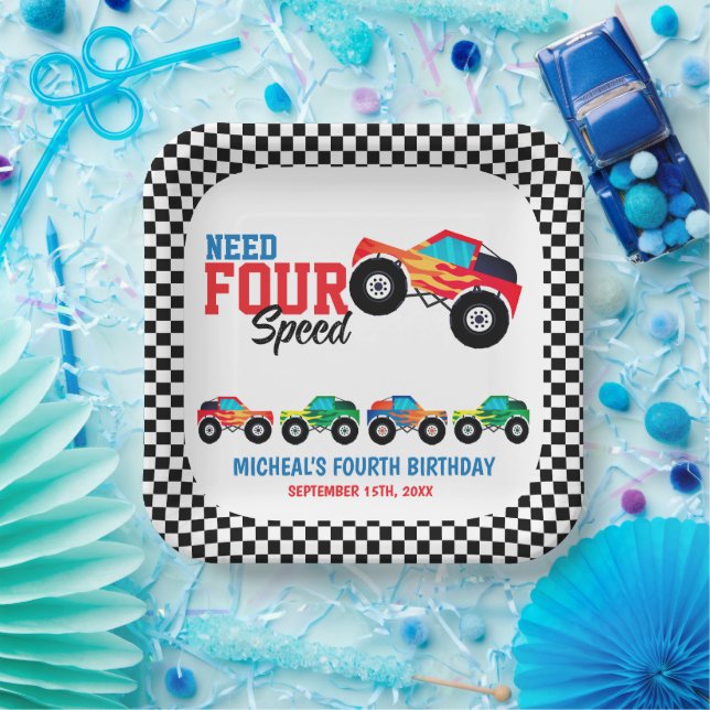Need Four Speed Monster Truck Birthday Paper Plate (Party)