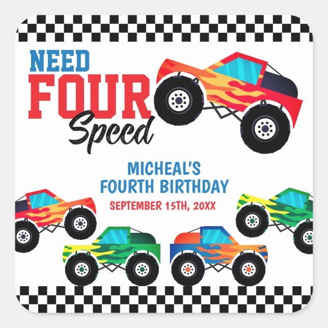 Need Four Speed Monster Truck Birthday Square Sticker (Front)