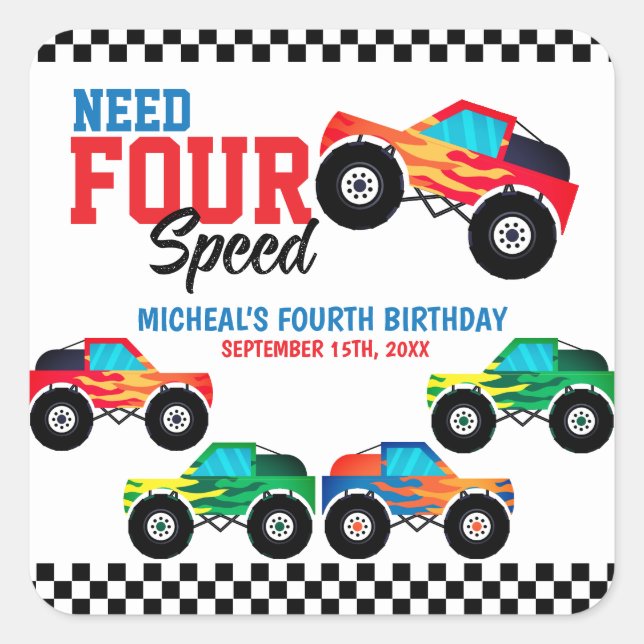 Need Four Speed Monster Truck Birthday Square Sticker (Front)