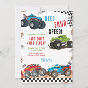 Need Four Speed Monster Truck Boy 4th Birthday Invitation