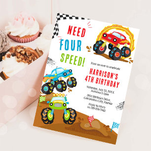 Need Four Speed Monster Truck Boy 4th Birthday Invitation