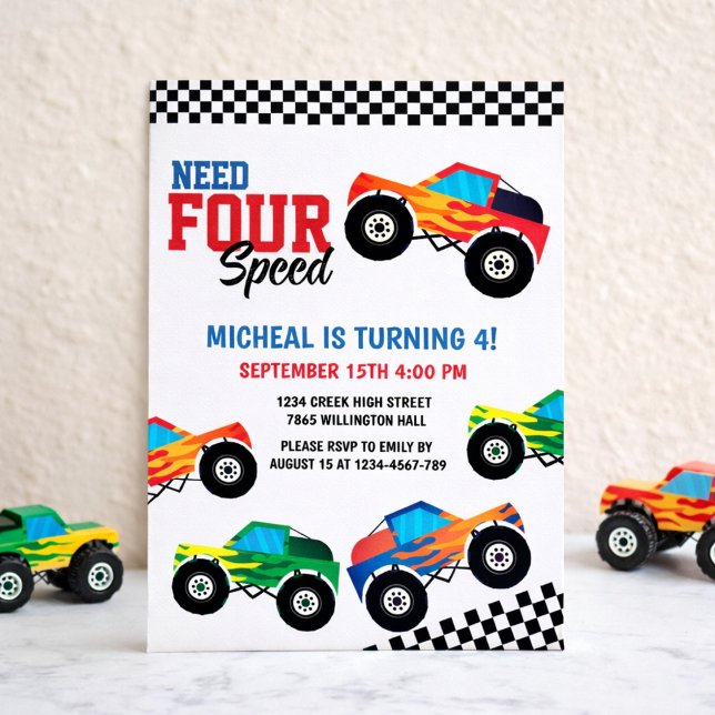 Need Four Speed Monster Truck Race 4th Birthday Invitation (Creator Uploaded)