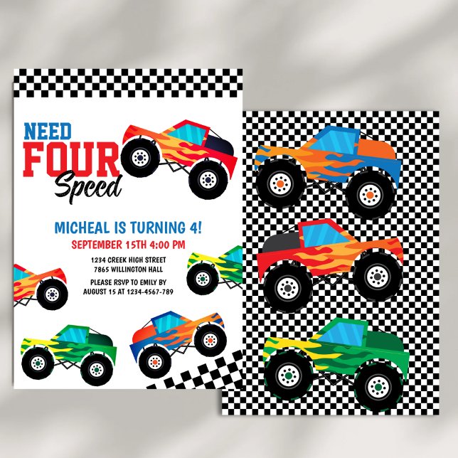 Need Four Speed Monster Truck Race 4th Birthday Invitation (Creator Uploaded)