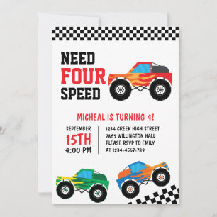 Need Four Speed Monster Truck Race Car 4th Invitation