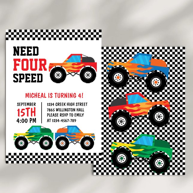 Need Four Speed Monster Truck Race Car 4th Invitation (Creator Uploaded)