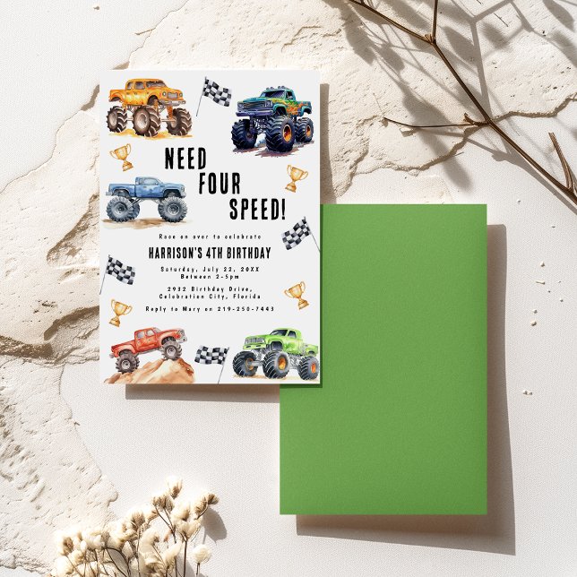 Need Four Speed Monster Trucks 4th Birthday Party Invitation (Creator Uploaded)