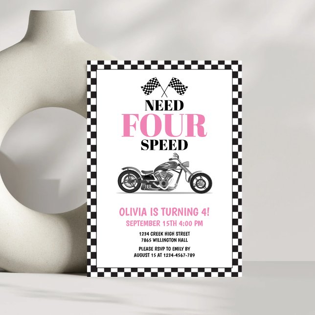 Need Four Speed Pink Heavy Bike Fourth Birthday  Invitation (Creator Uploaded)