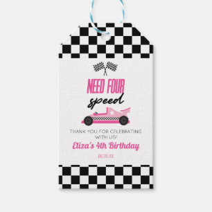 Need Four Speed Pink Race Car 4th Birthday Party Gift Tags