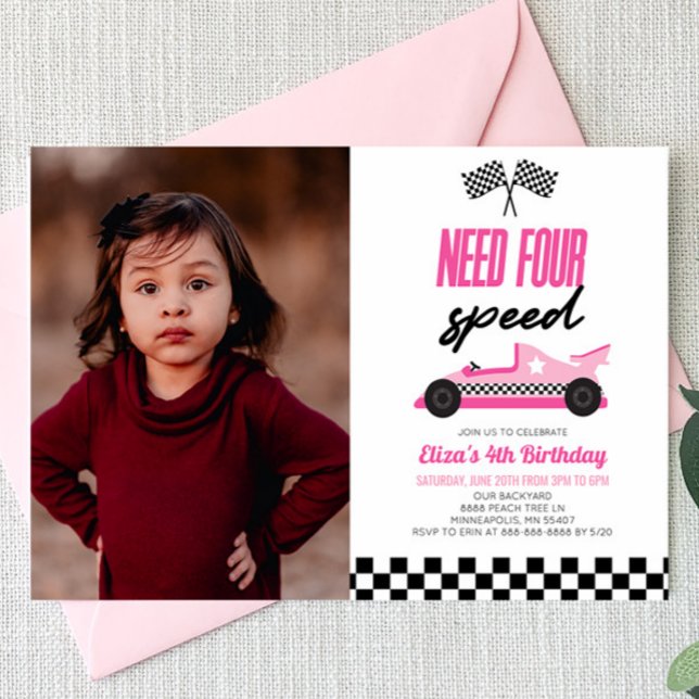 Need Four Speed Pink Race Car 4th Birthday Party Invitation (Creator Uploaded)