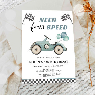 Need FOUR Speed Race Car 4th Birthday Invitation