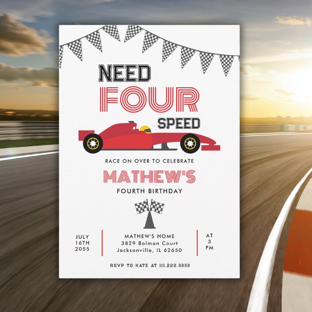 Need Four Speed Race Car 4th Birthday Party  Invitation (Creator Uploaded)