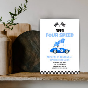Need Four Speed Race Car Blue Fourth Birthday Invitation
