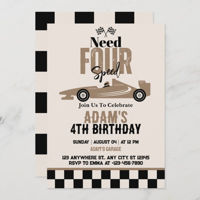 Need Four Speed Race Car Boy 4th Birthday Party  Invitation (Front/Back)
