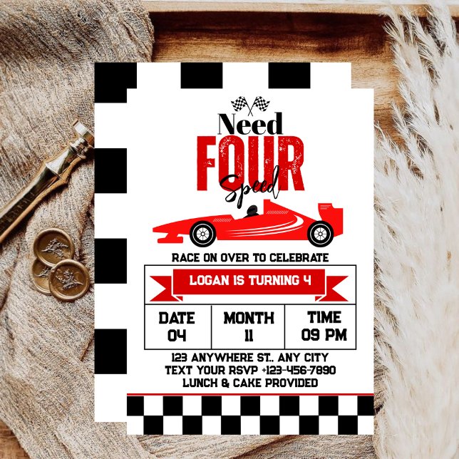 Need Four Speed Race Car Boy 4th Birthday Party  Invitation (Creator Uploaded)