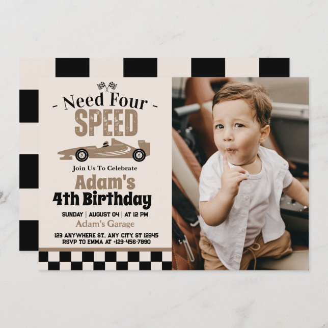 Need Four Speed Race Car Boy 4th Birthday Party  Invitation (Front/Back)