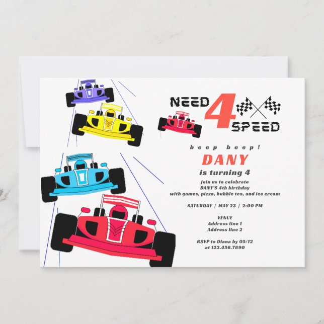 Need Four Speed Racer Boy Car Race 4th Birthday Invitation (Front)