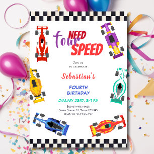 Need four speed racing car fourth kids birthday invitation