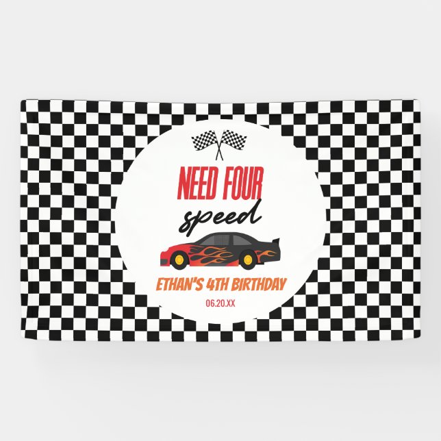 Need Four Speed Red Race Car 4th Birthday Party Banner (Horizontal)