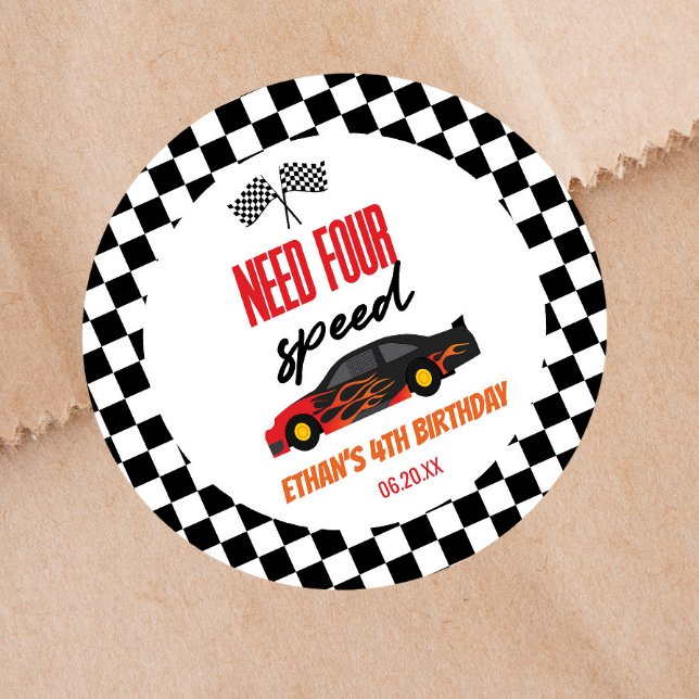 Need Four Speed Red Race Car 4th Birthday Party Classic Round Sticker (Creator Uploaded)