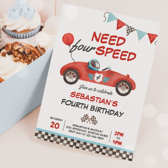 Need Four Speed Red Race Car 4th Birthday Party Invitation (Creator Uploaded)