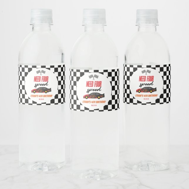 Need Four Speed Red Race Car 4th Birthday Party Water Bottle Label (Bottles)