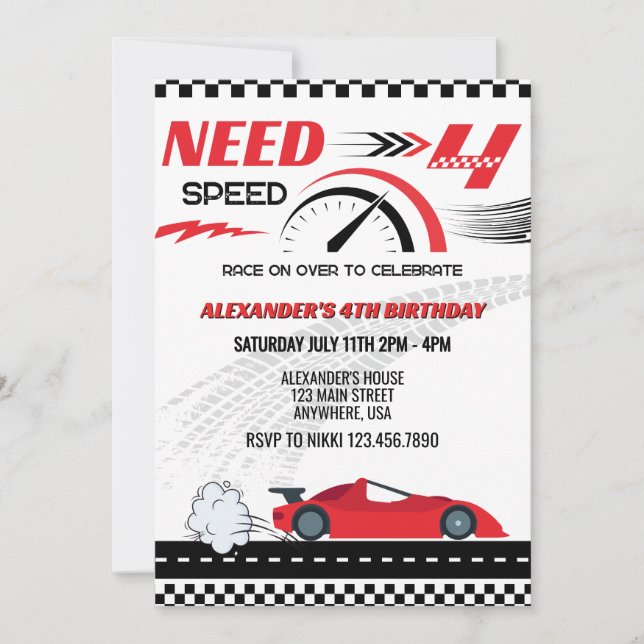 Need four speed red race car kids birthday  invitation (Front)