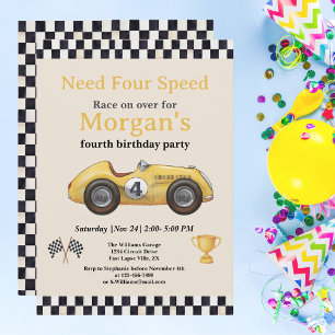 Need Four Speed Yellow Race Car Kids Fourth Party Invitation