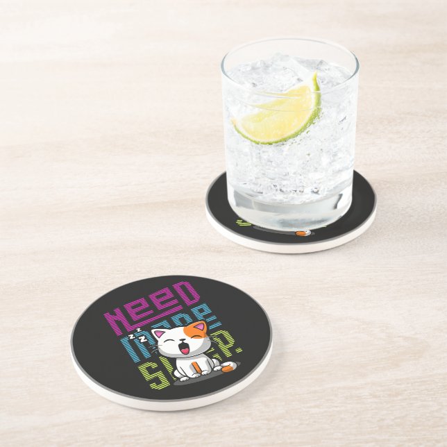 Need more Sleep | Funny Cat cute yawn expression Coaster (Side)