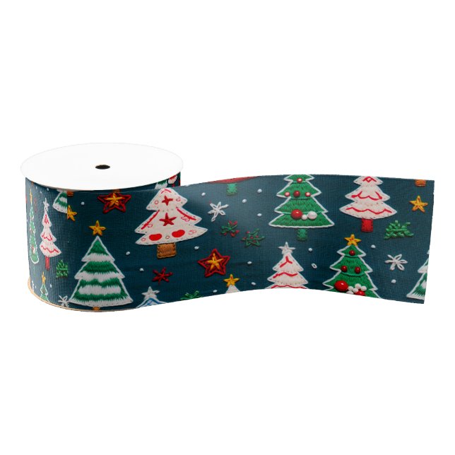 Needlework Christmas Trees Festive Holiday Grosgrain Ribbon (Spool)