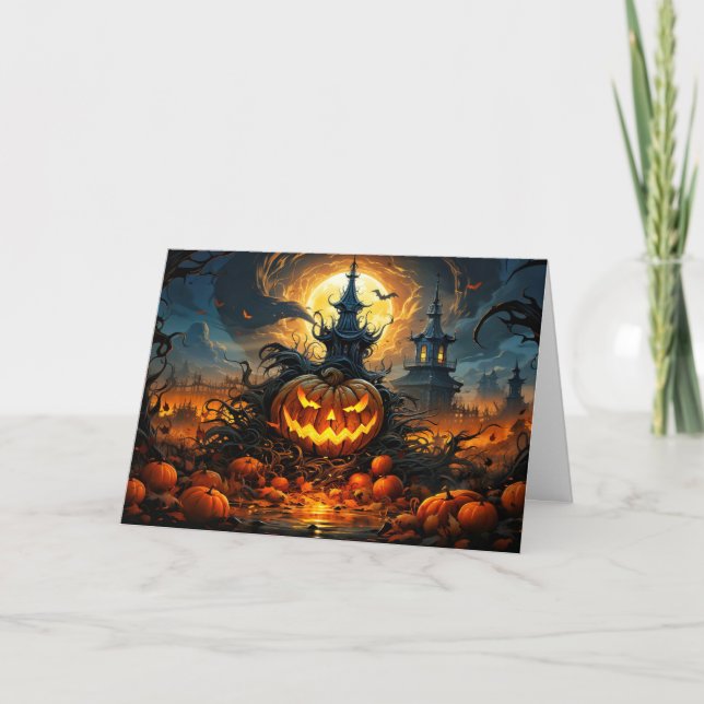 Nefarious Glowing Halloween Horror Pumpkin Card (Front)