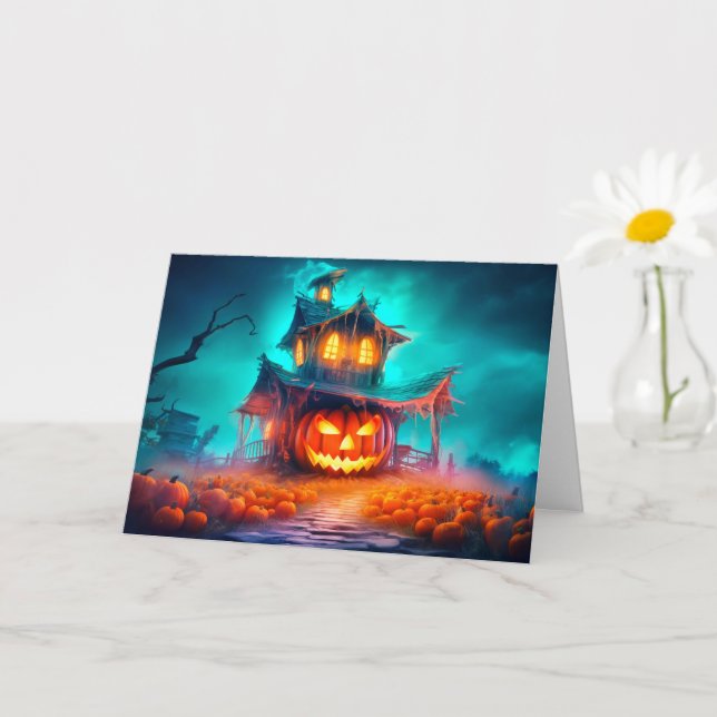 Nefarious Glowing Pumpkin & Haunted House Card (Small Plant)