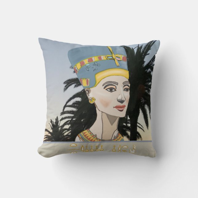 Nefertiti Colourful Portrait and Palm Trees   Cushion (Front)