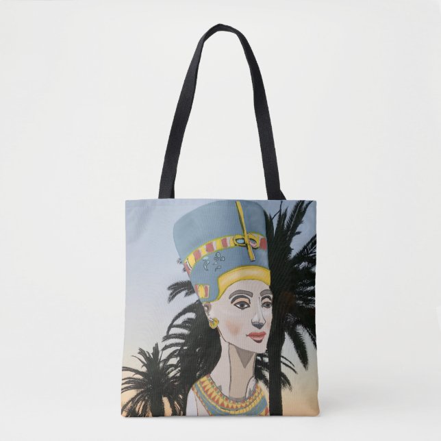 Nefertiti Colourful Portrait and Palm Trees Tote Bag (Front)