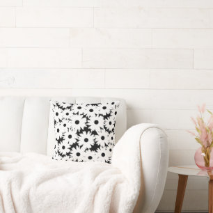 Negative Space Daisies white on black Cushion