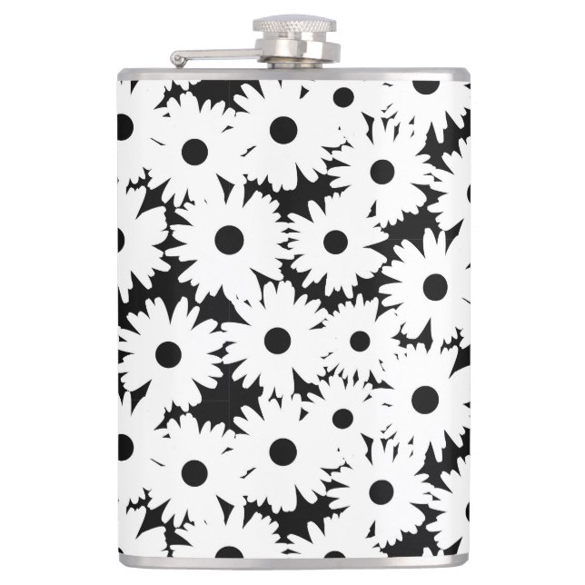 Negative Space Daisies white on black Hip Flask (Front)